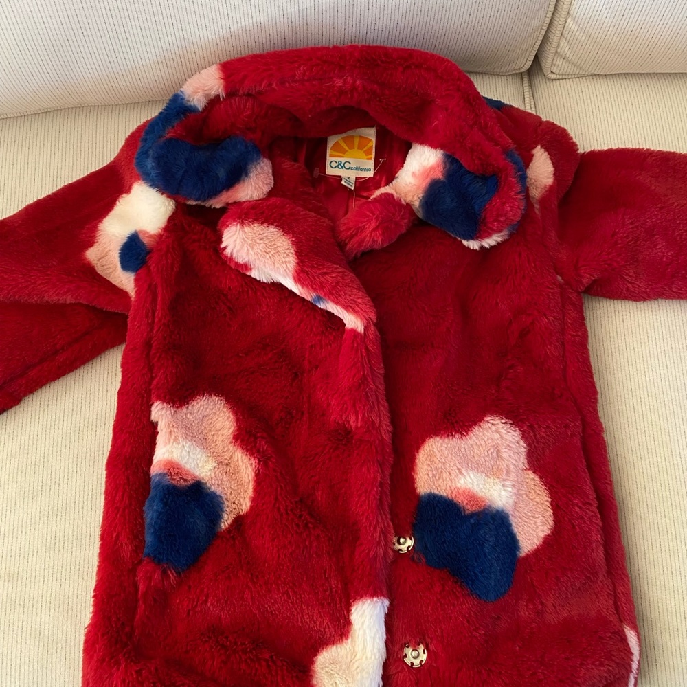 Girls cozy coat size 7 with tags on. Red w/ white / navy  pink poppy flowers